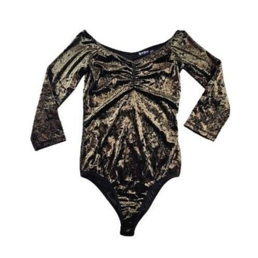 Bisou Bisou Women Top XS  Black Gold Velvet Liv Bodysuit 3/4 Sleeve Glam